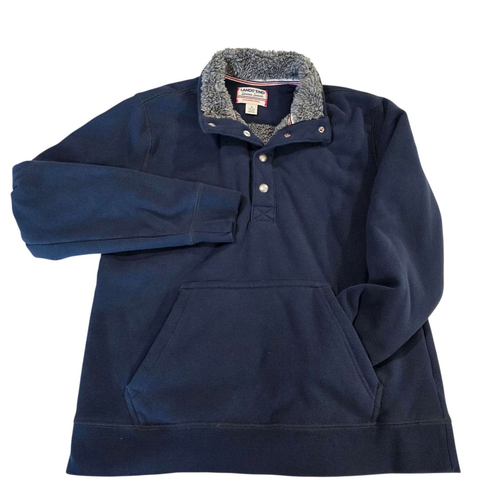 Lands End Fleece Lined Snap Neck Pullover Sweatshirt Navy Blue Size S Cozy Warm - Picture 1 of 11